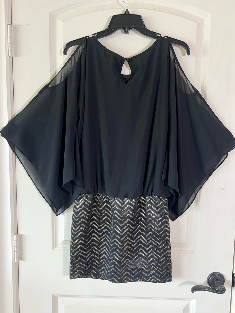 IZ Byer Whimsigoth Cold Shoulder Mini Dress Black Gold Chevron Cape Sleeve S